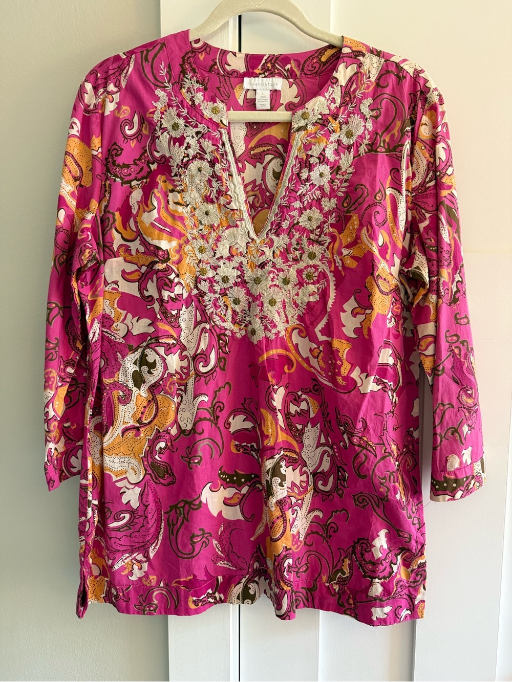 Charter Club 100% Cotton Fuschia Pink/Cream/Orange Embroidered Tunic Top L